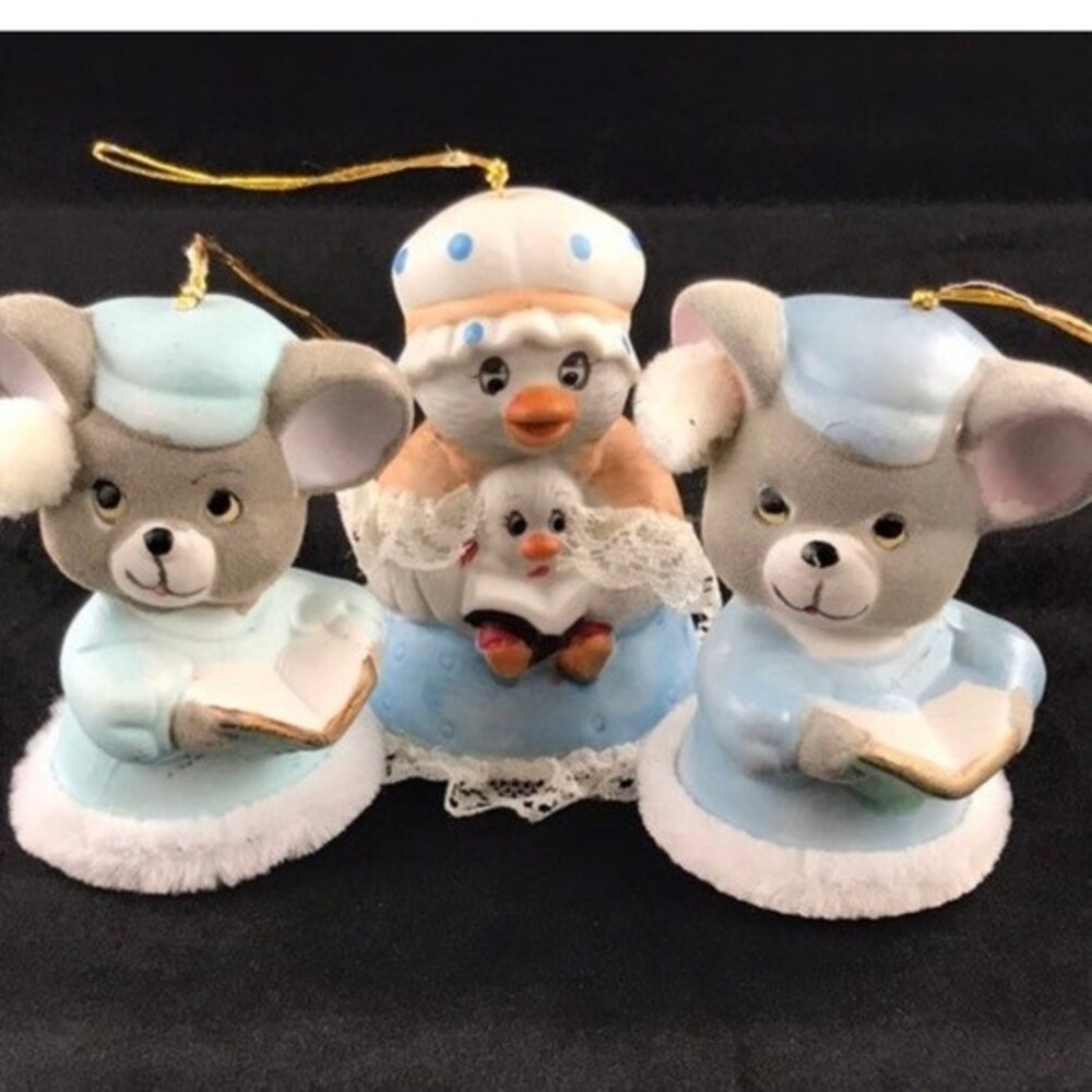 Jasco Critter Porcelain Bear Duck Bells Ornaments Hand Painted 3 Set VTG 80s